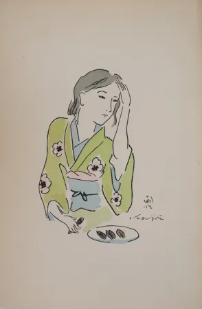 版画 Foujita - Femme en kimono se coiffant