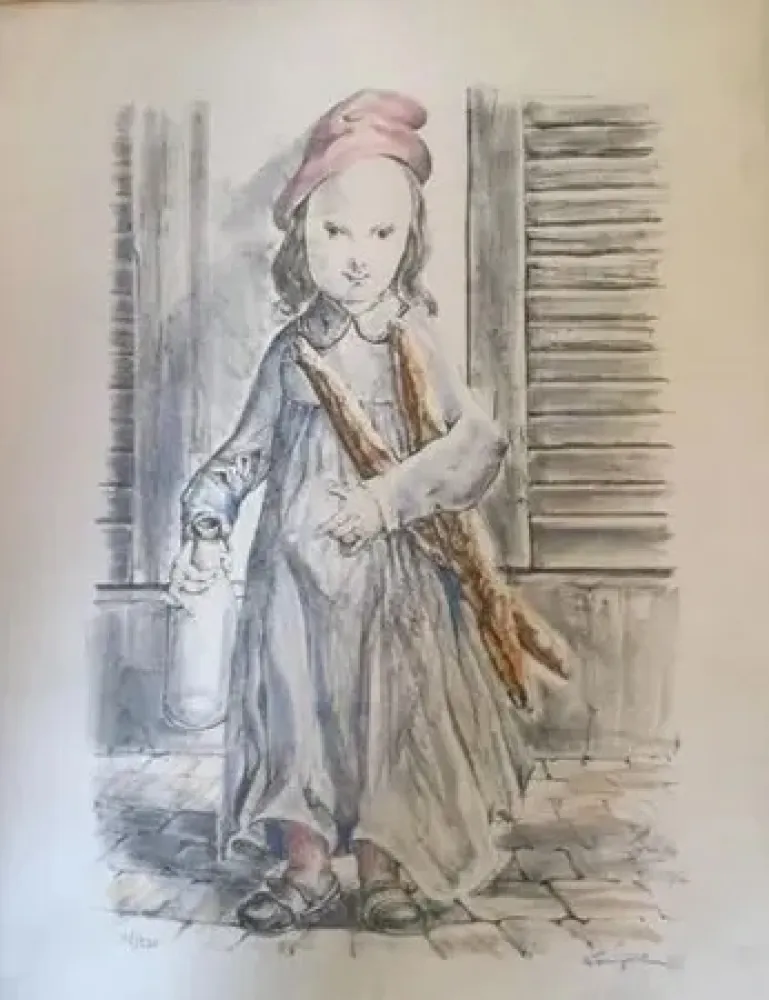 石版画 Foujita -  ''Fillette aux baguettes de pains'' ou ''Le matin'' circa 1956