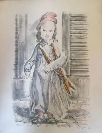 石版画 Foujita -  ''Fillette aux baguettes de pains'' ou ''Le matin'' circa 1956