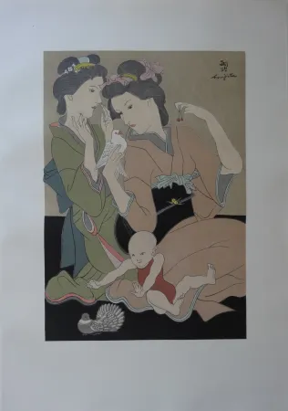 版画 Foujita - Geishas à la colombe