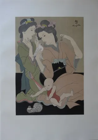 木刻 Foujita - Geishas à la colombe