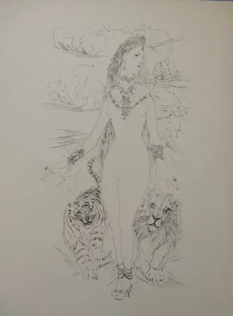 版画 Foujita - La Rivière Enchantée - Nu aux tigres