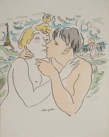 版画 Foujita - Les amoureux à Paris