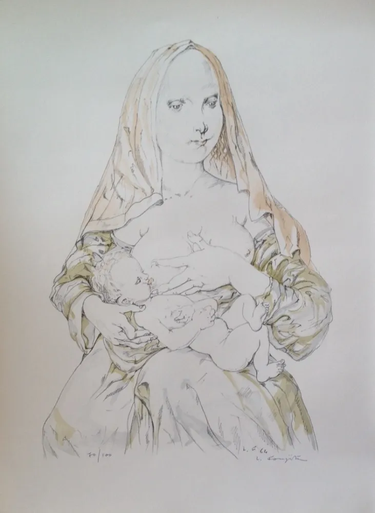 石版画 Foujita - MATERNITE AU VOILE ROUGE  (1964)