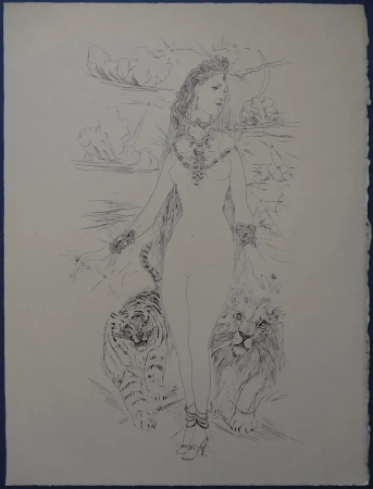 蚀刻版画 Foujita - Rivière enchantée - Femme aux félins