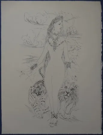 蚀刻版画 Foujita - Rivière enchantée - Femme aux félins