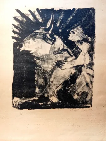 石版画 Garache - Boy Riding a Bull, Rare Hand signed Lithograph, cca 40-50's 