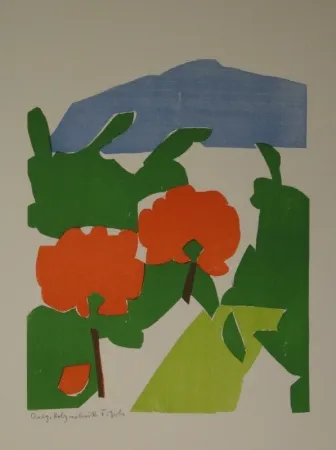 木刻 Gehr - Zwei rote Bäume in Landschaft