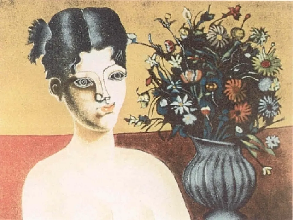 石版画 Gentilini - Ragazza con vaso di fiori