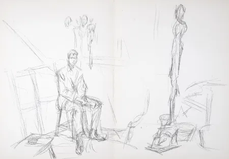 石版画 Giacometti - Homme assis et sculptures, 1961