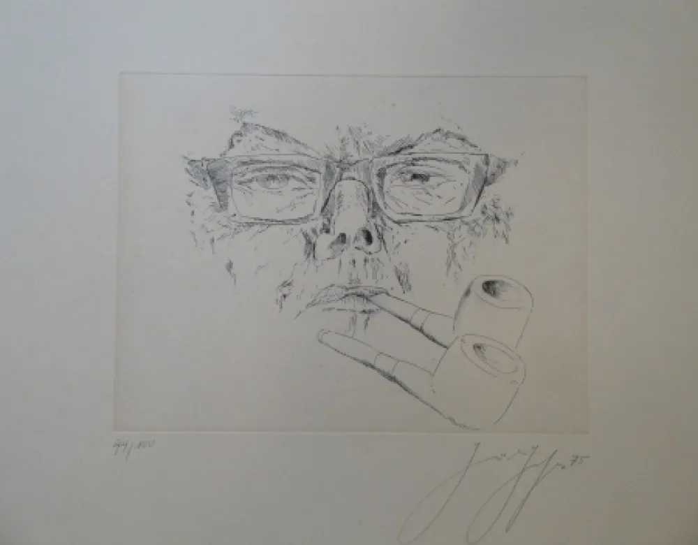 版画 Grass - Doppelter Max. Kopf Max Frisch mit Pfeife