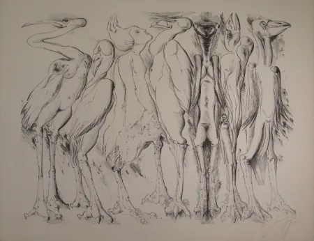 石版画 Grass - Zwischen den Vögeln