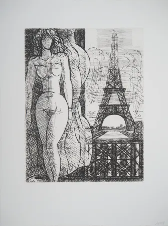 版画 Gromaire - Nu à la Tour Eiffel