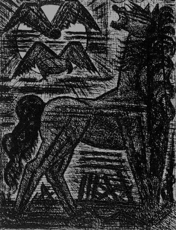 蚀刻版画 Gromaire - Présage, cheval noir, et oiseaux de nuit