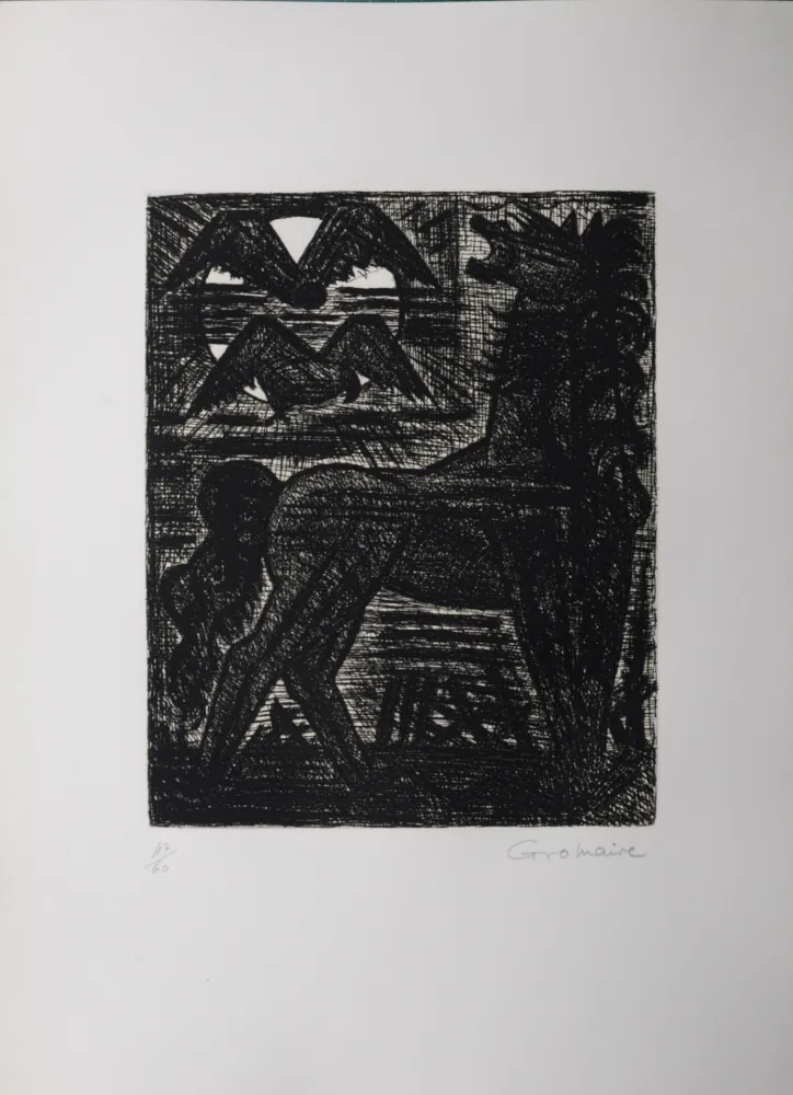 蚀刻版画 Gromaire - Présages, cheval noir et oiseaux de nuit, 1958