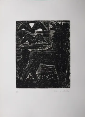 蚀刻版画 Gromaire - Présages, cheval noir et oiseaux de nuit, 1958