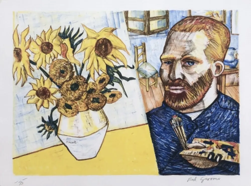 石版画 Grooms - Van Gogh with Sunflowers