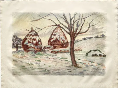 石版画 Guillaumin - Les Meules en hiver à Palaiseau