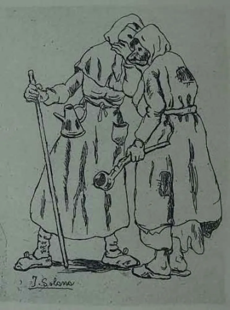 蚀刻版画 Gutiérrez Solana  - Máscaras hablándose al oido