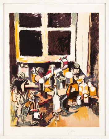 石版画 Guttuso - Oggetti sul tavolo e finestra di sera