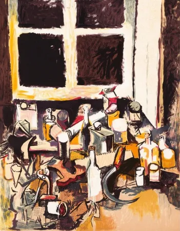 石版画 Guttuso - Oggetti sul tavolo e finestra di sera