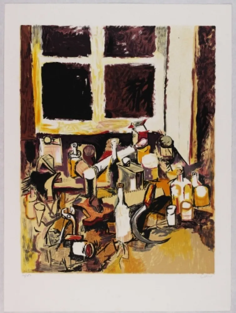 石版画 Guttuso - Oggetti sul tavolo e finestra di sera