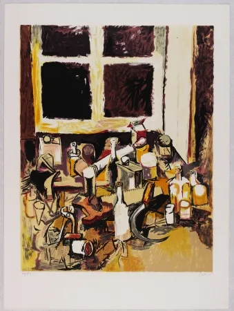 石版画 Guttuso - Oggetti sul tavolo e finestra di sera