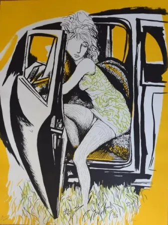 石版画 Guttuso - Ragazza che scende dall'auto