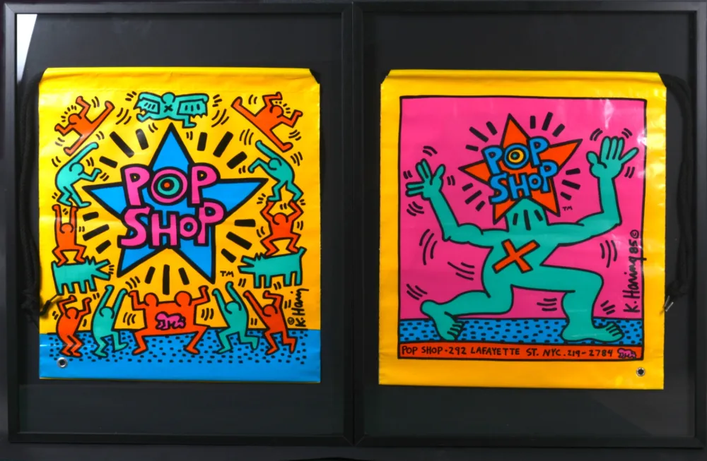 丝网印刷 Haring - 2 Pop shop Bag, 1986 - Framed