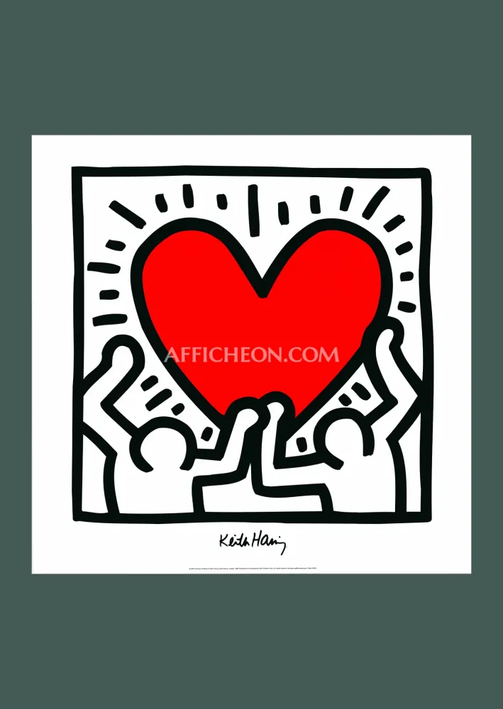 石版画 Haring - Keith Haring: 'Untitled (Figures with Red Heart)' 1988 Offset-lithograph