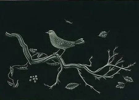 美柔汀铜版画 Hasegawa - Oiseau sur racine (1960)