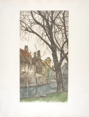 蚀刻版画 Hebbelinck - Bruges : Les grands arbres du Béguinage.