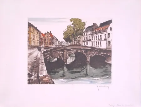 蚀刻版画 Hebbelinck - Bruges : Pont des Augustins