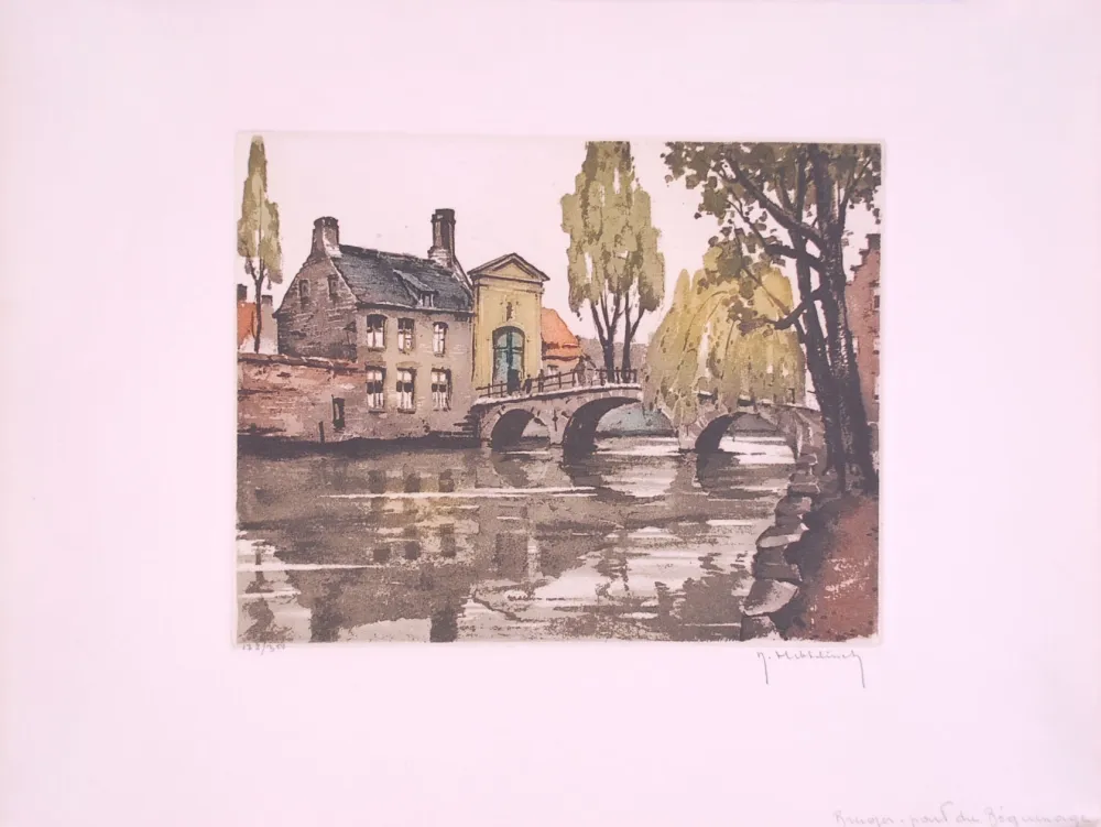 蚀刻版画 Hebbelinck - Bruges : Pont du Béguinage.