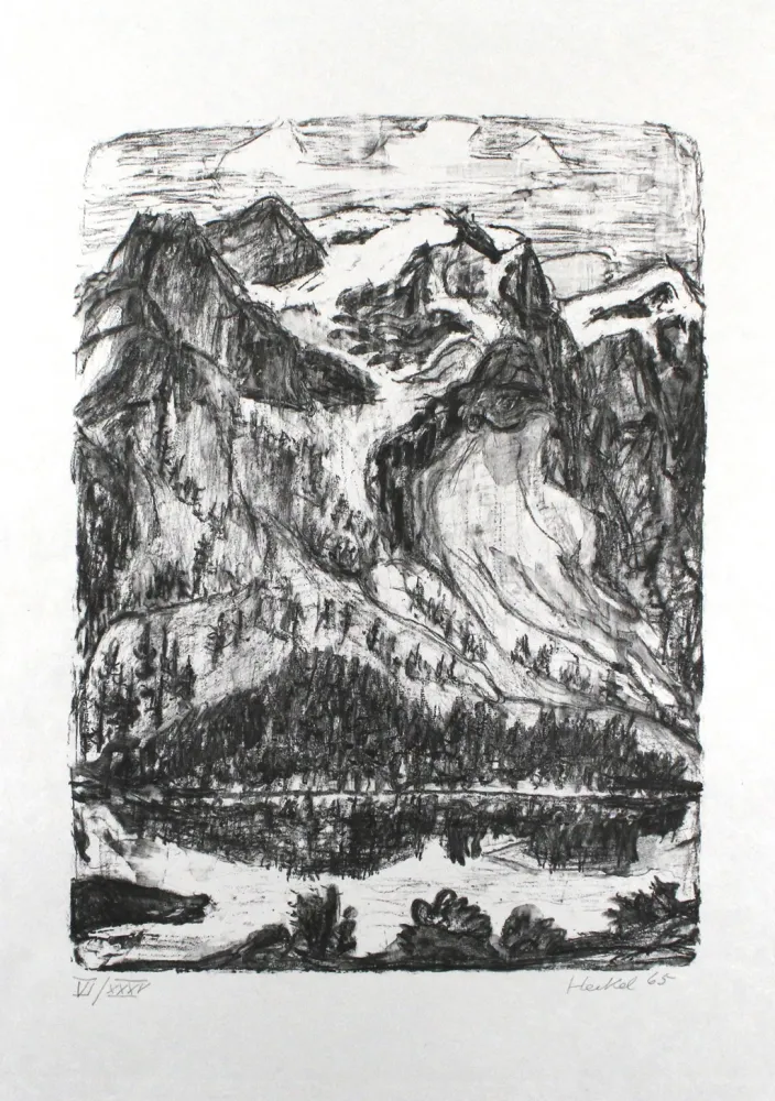 石版画 Heckel - Berghang am See