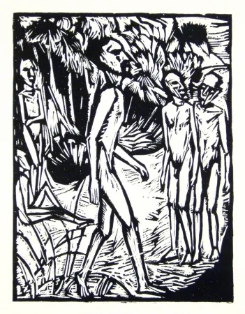 木刻 Heckel - Männer am Strand (Men at the beach)