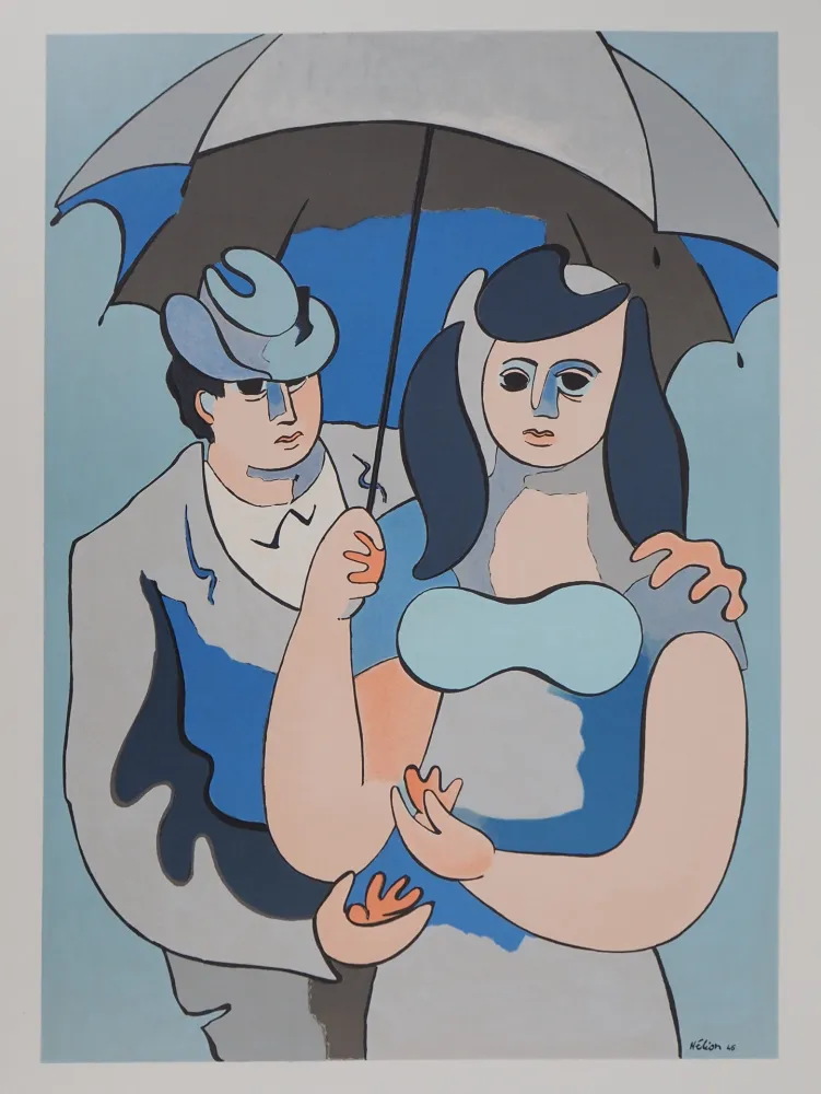 石版画 Helion - Couple sous un parapluie