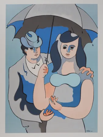 石版画 Helion - Couple sous un parapluie