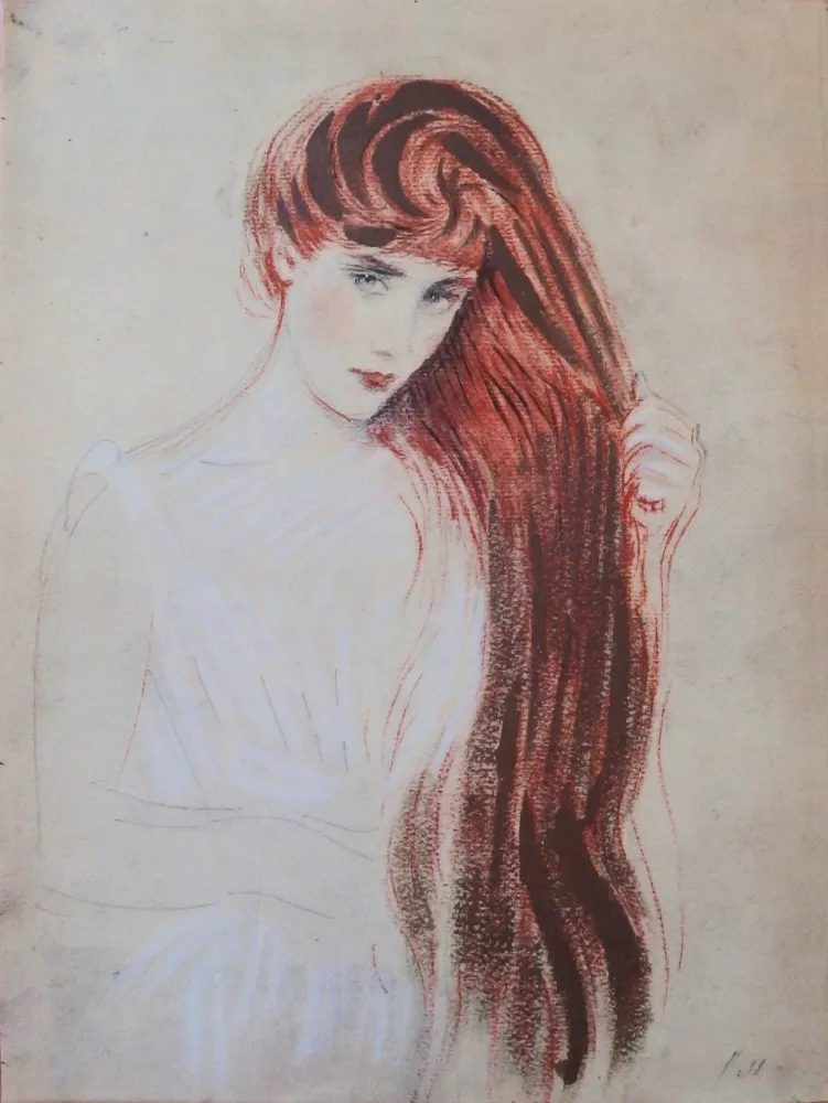 石版画 Helleu - Femme rousse (la chevelure dorée)