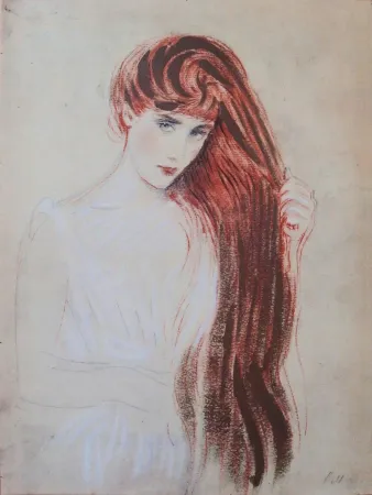 石版画 Helleu - Femme rousse (la chevelure dorée)