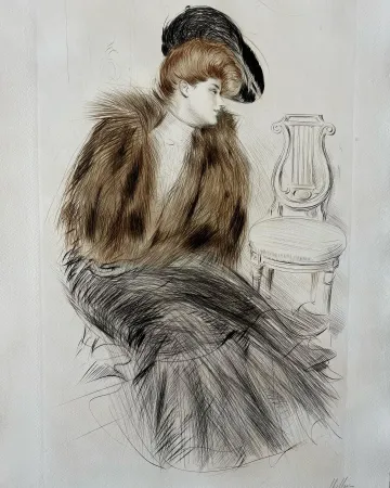 蚀刻版画 Helleu - Jeune Femme au Manteau de Fourrure (