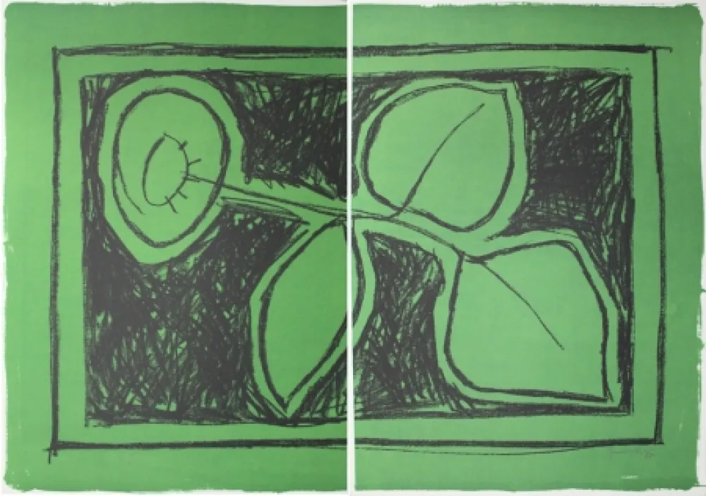 石版画 Hernandez Pijuan - Flor sobre verd / Flower on Green