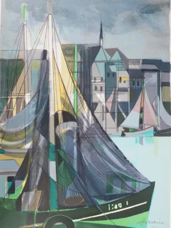 石版画 Hilaire - Normandie, Voiliers à Honfleur