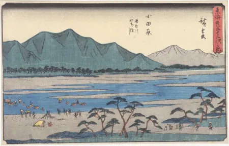 木刻 Hiroshige - Odawara : le traversée de la rivière Sakawa