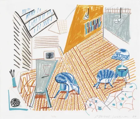 石版画 Hockney - Pembroke Studio with Blue Chairs and Lamp from The Moving Focus Series