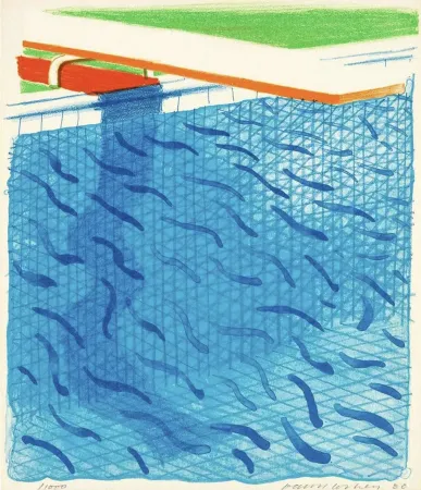 石版画 Hockney - Pool Made with Paper and Blue Ink for Book