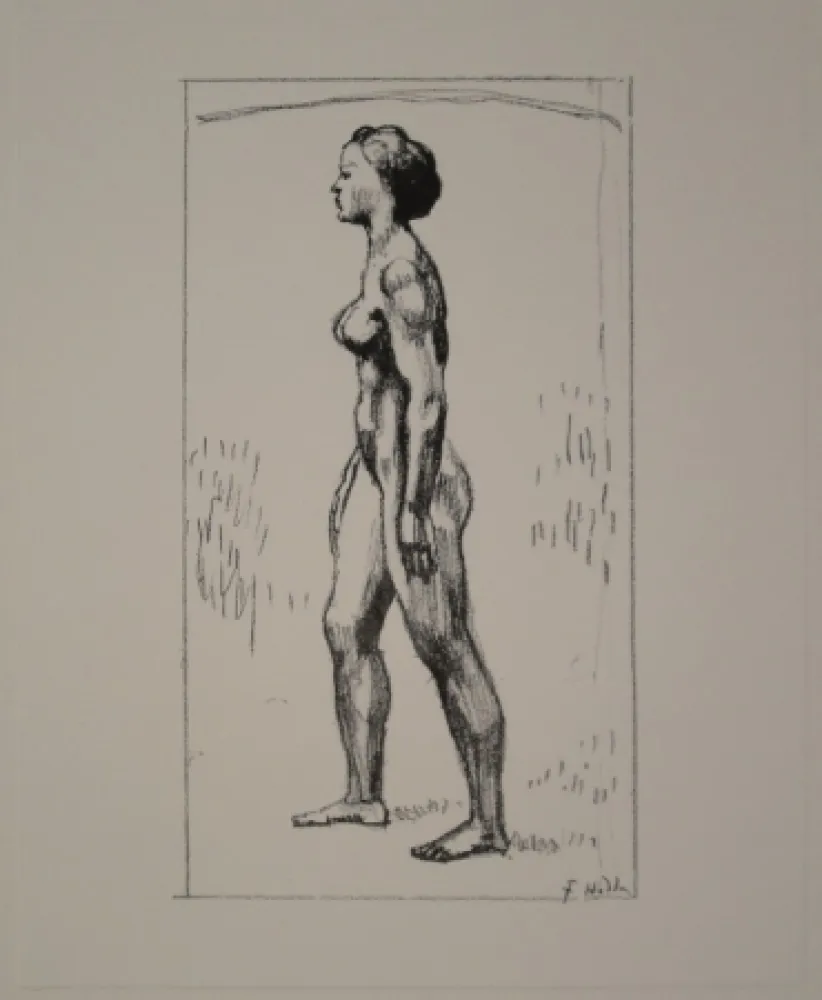 石版画 Hodler - Nacktes Mädchen, nach links schreitend 