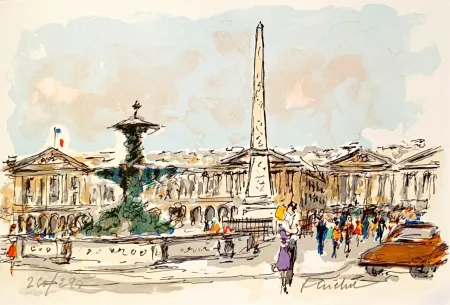 石版画 Huchet - Place de la Concorde