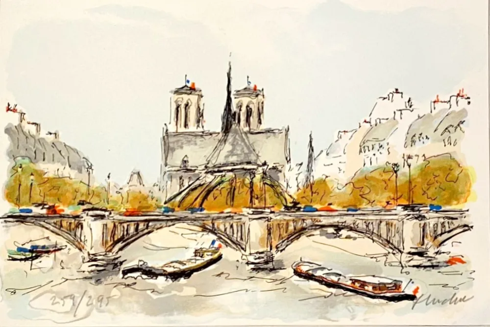 石版画 Huchet - Seine et Notre-Dame de Paris