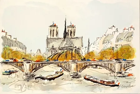 石版画 Huchet - Seine et Notre-Dame de Paris